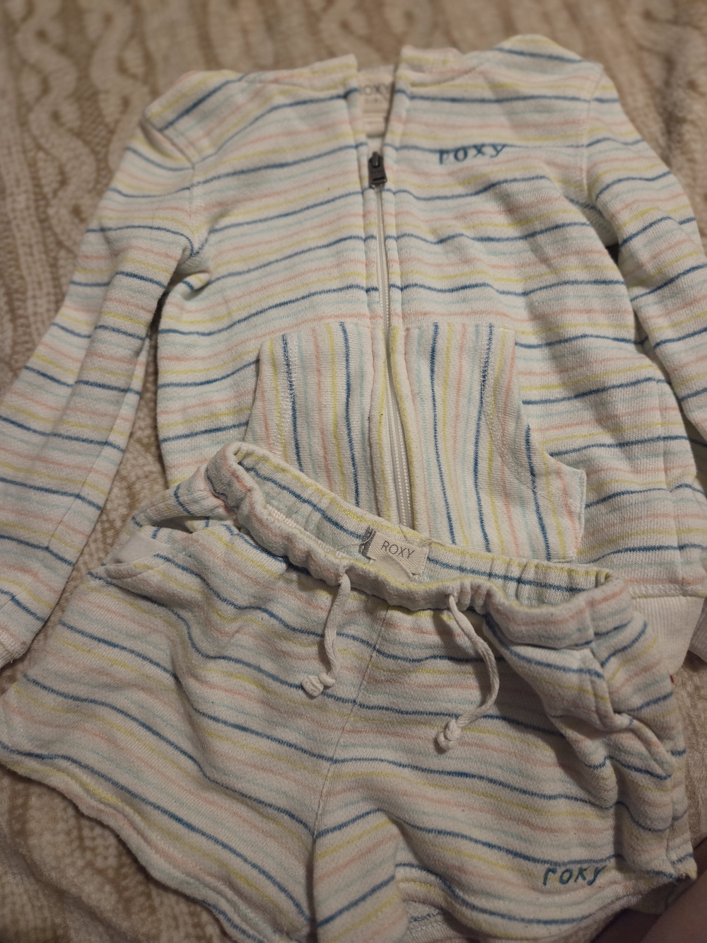 Roxy Pastel Striped Zip-Up Hoodie & Shorts Set Beach Outfit Coverup